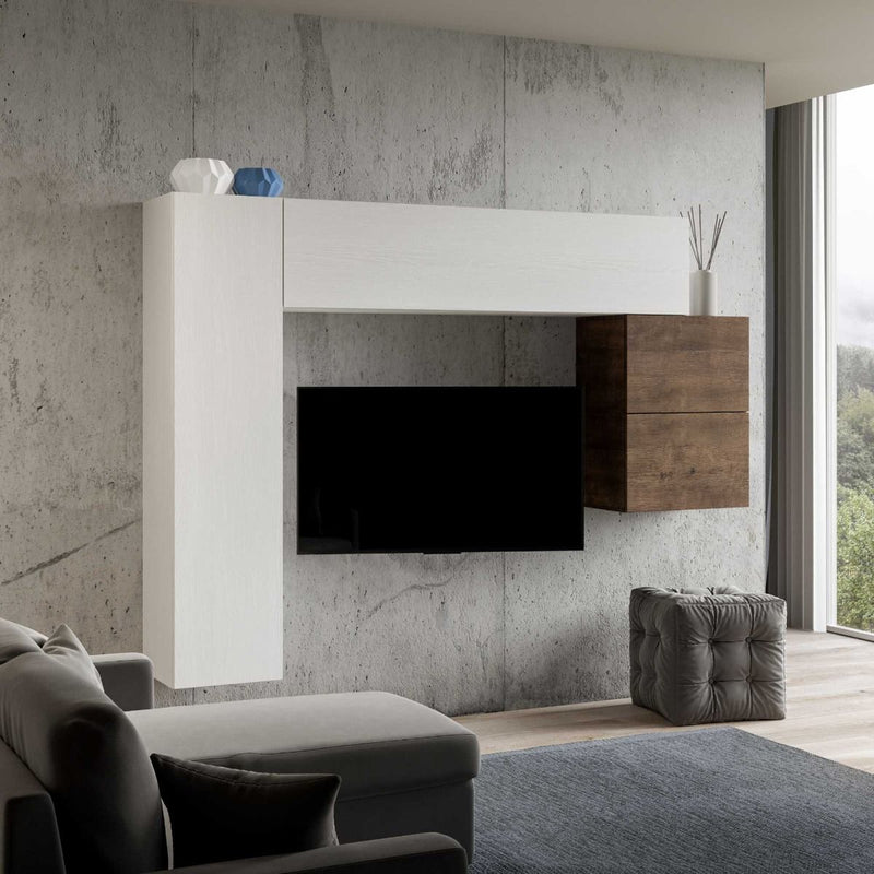 parete soggiorno sospesa in legno noce e bianco