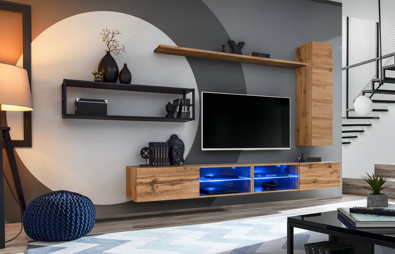 Korad - Parete sospesa moderna per soggiorno con scaffale in metallo e luci - vari colori