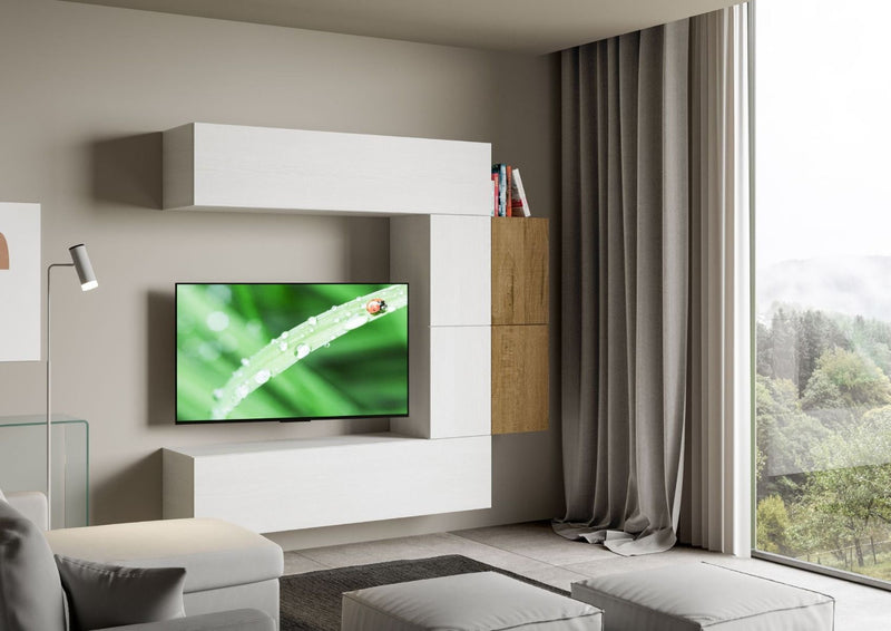 parete living moderna pensili in legno bianco e quercia
