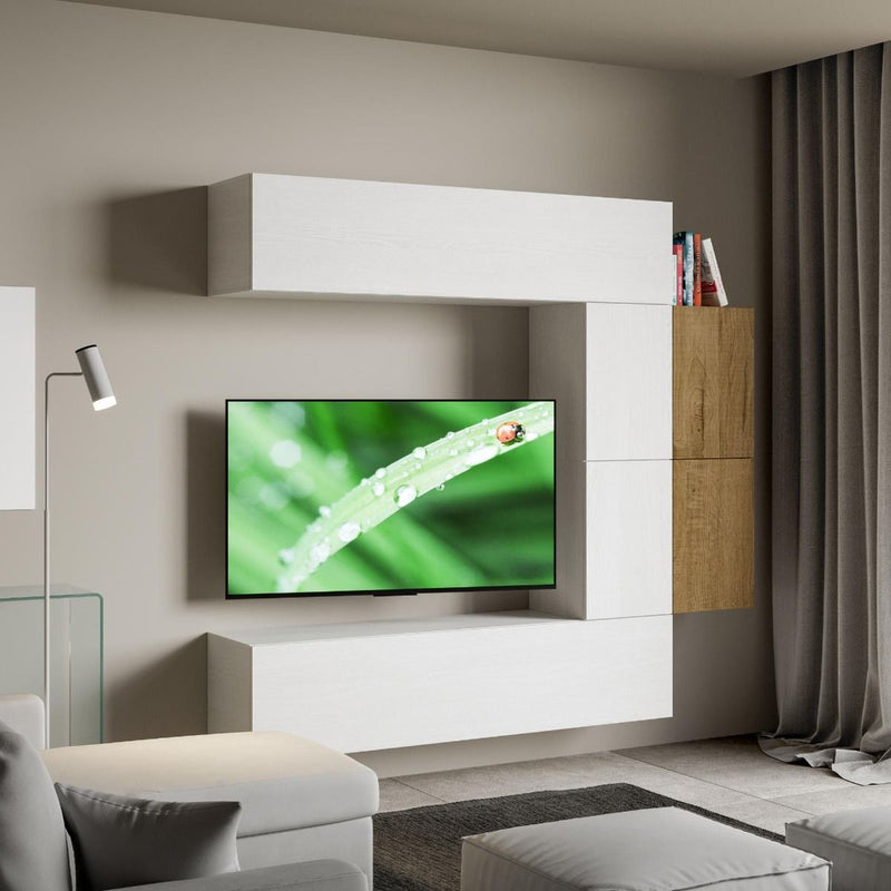 parete living moderna pensili in legno bianco e quercia