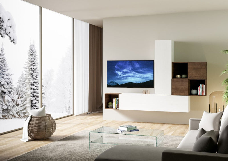parete soggiorno moderna in legno bianco e noce