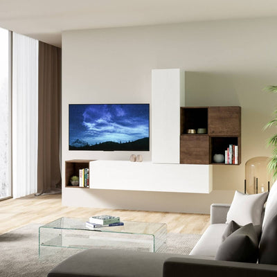 parete soggiorno moderna in legno bianco e noce