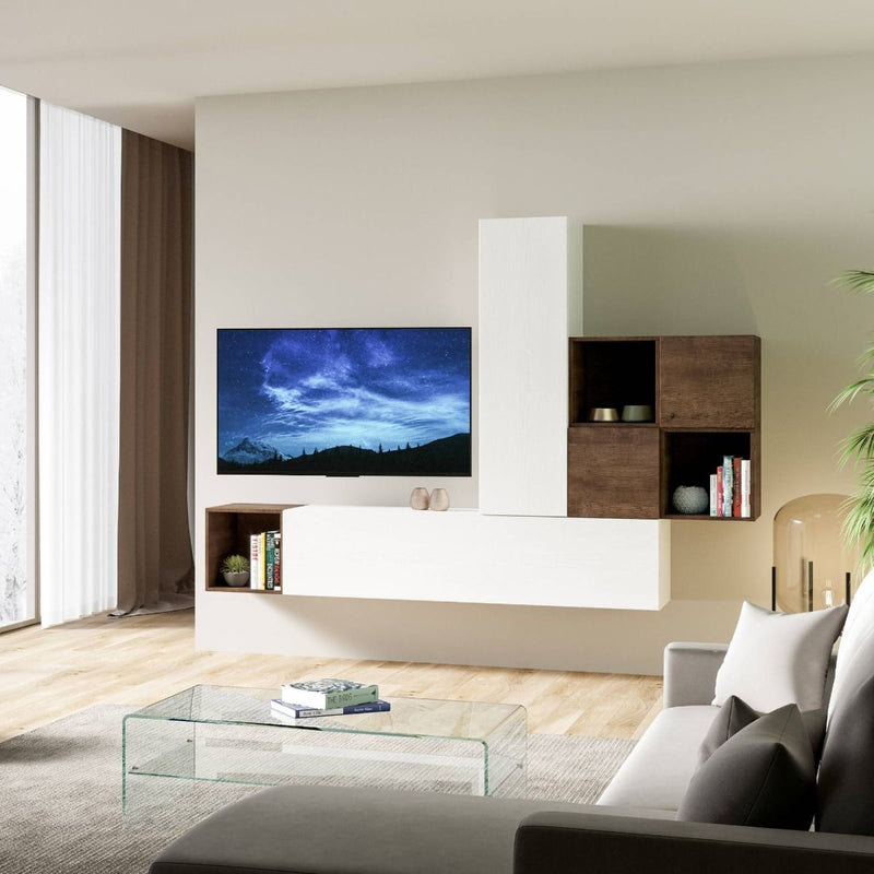 parete soggiorno moderna in legno bianco e noce