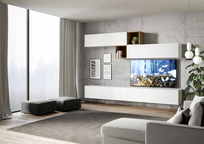 Faenza - Parete living componibile in legno design moderno bianco e quercia