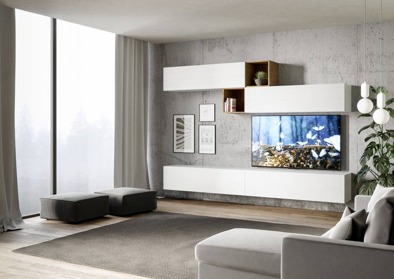 Faenza - Parete living componibile in legno design moderno bianco e quercia