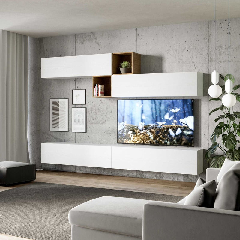 Faenza - Parete living componibile in legno design moderno bianco e quercia