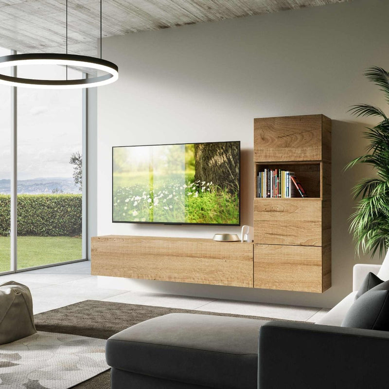 Zaccaria - Parete soggiorno design moderno con pensili in legno quercia