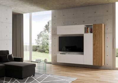 parete design moderno per living in legno bianco e quercia