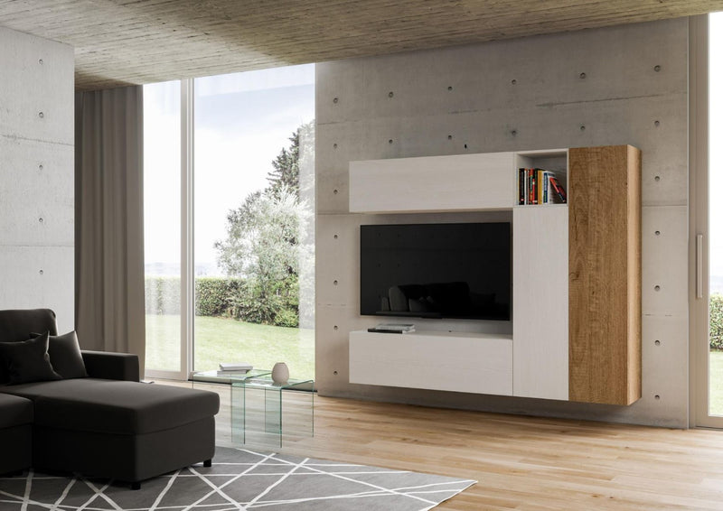 parete design moderno per living in legno bianco e quercia
