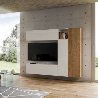 parete design moderno per living in legno bianco e quercia