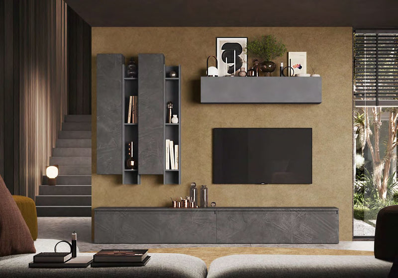 Hondul - Parete design con libreria pensili e base tv in legno - vari colori