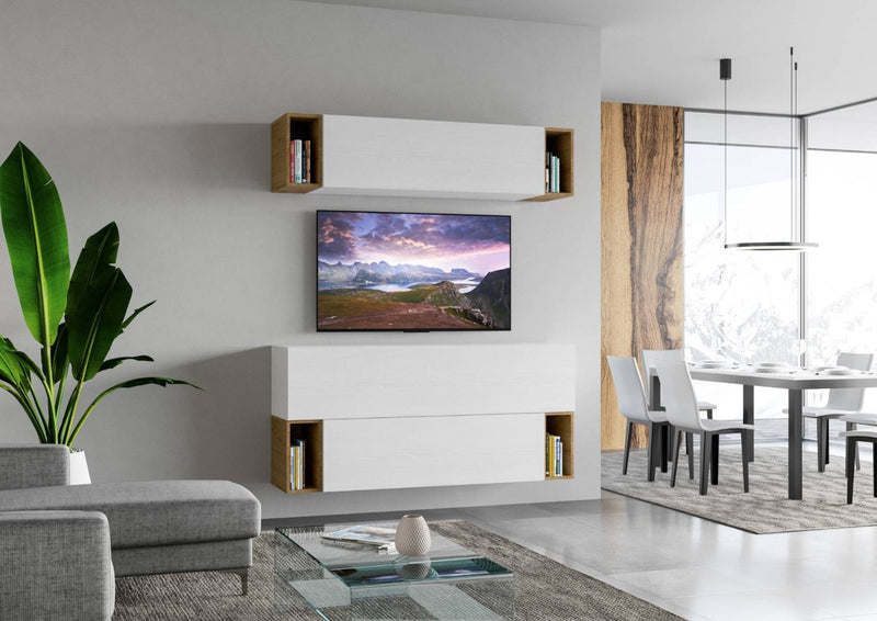parete soggiorno design moderno bianco frassino e quercia