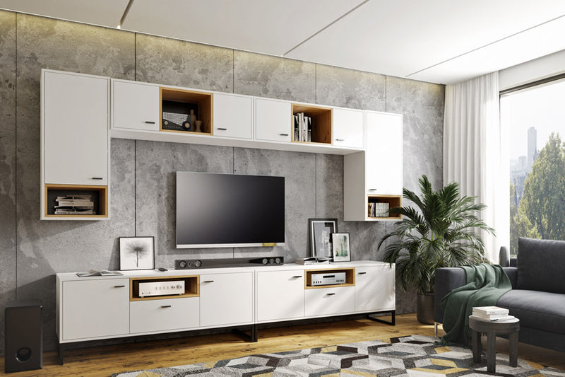 mobile porta tv in legno naturale e bianco opaco con ante e cassetti