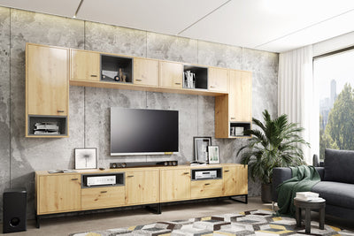 parete moderna attrezzata in legno naturale con porta tv e pensili