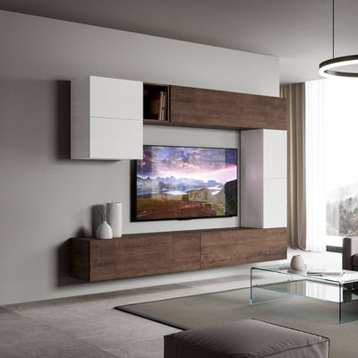 parete da salotto componibile in legno bianco e noce