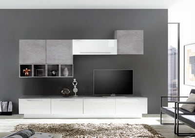 parete attrezzata con mobile tv bianco lucido e cemento