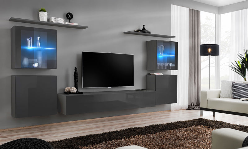 parete attrezzata moderna con vetrine colore grigio