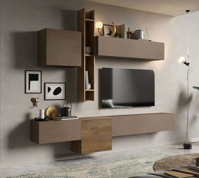 parete moderna sospesa e componibile pensili colore mercure e bronzo