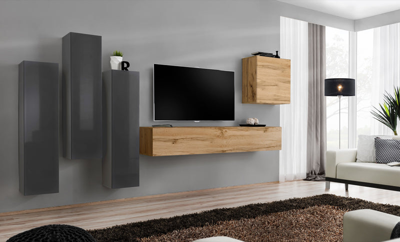 Uranio - Parete design moderno per soggiorno pensili sospesi quercia natura - vari colori