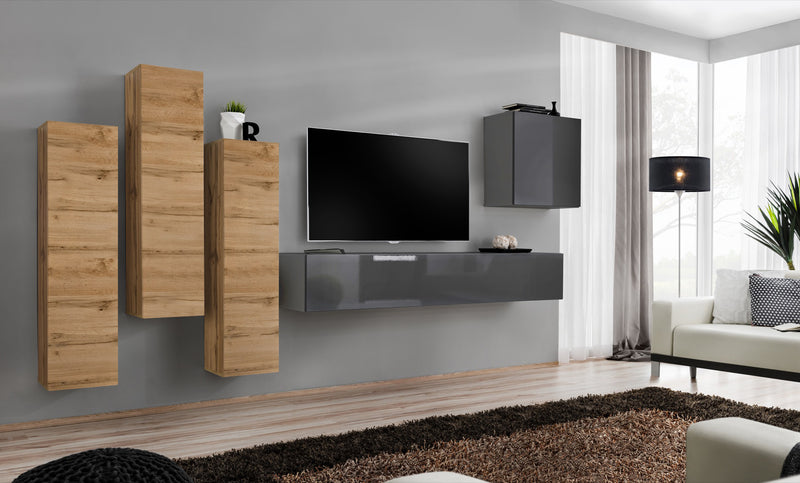 Uranio - Parete design moderno per soggiorno pensili sospesi quercia natura - vari colori
