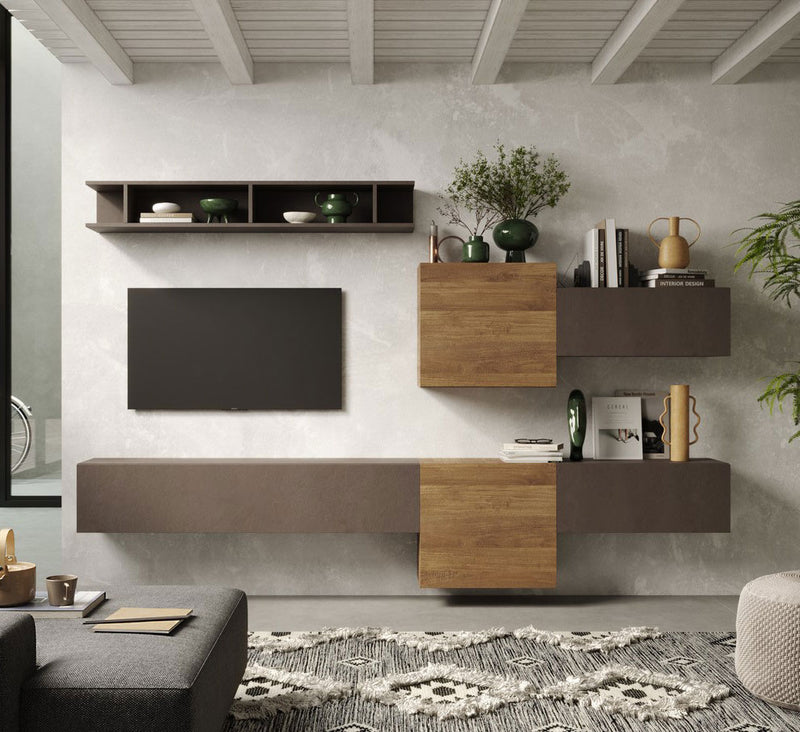 parete moderna componibile sospesa con pensili colore rovere mercure e bronzo