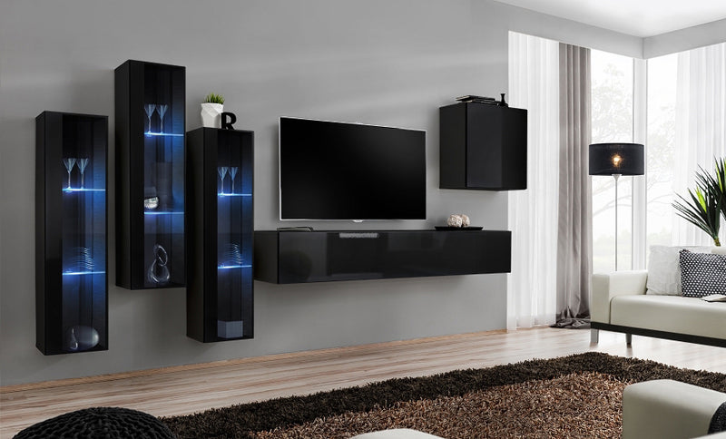parete moderna componibile nero luci a led