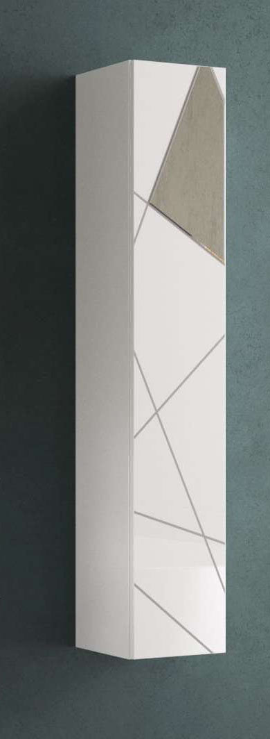 pensile da bagno sospeso verticale cm 138 con anta bianco lucido con serigrafia geometrica ed inserto con specchio