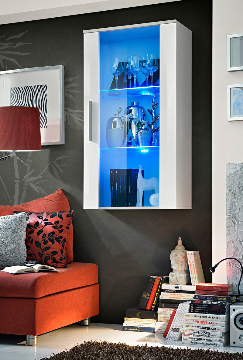 Pensile vetrina moderna con ripiani in vetro e luci a led cm 60x29x110h - vari colori