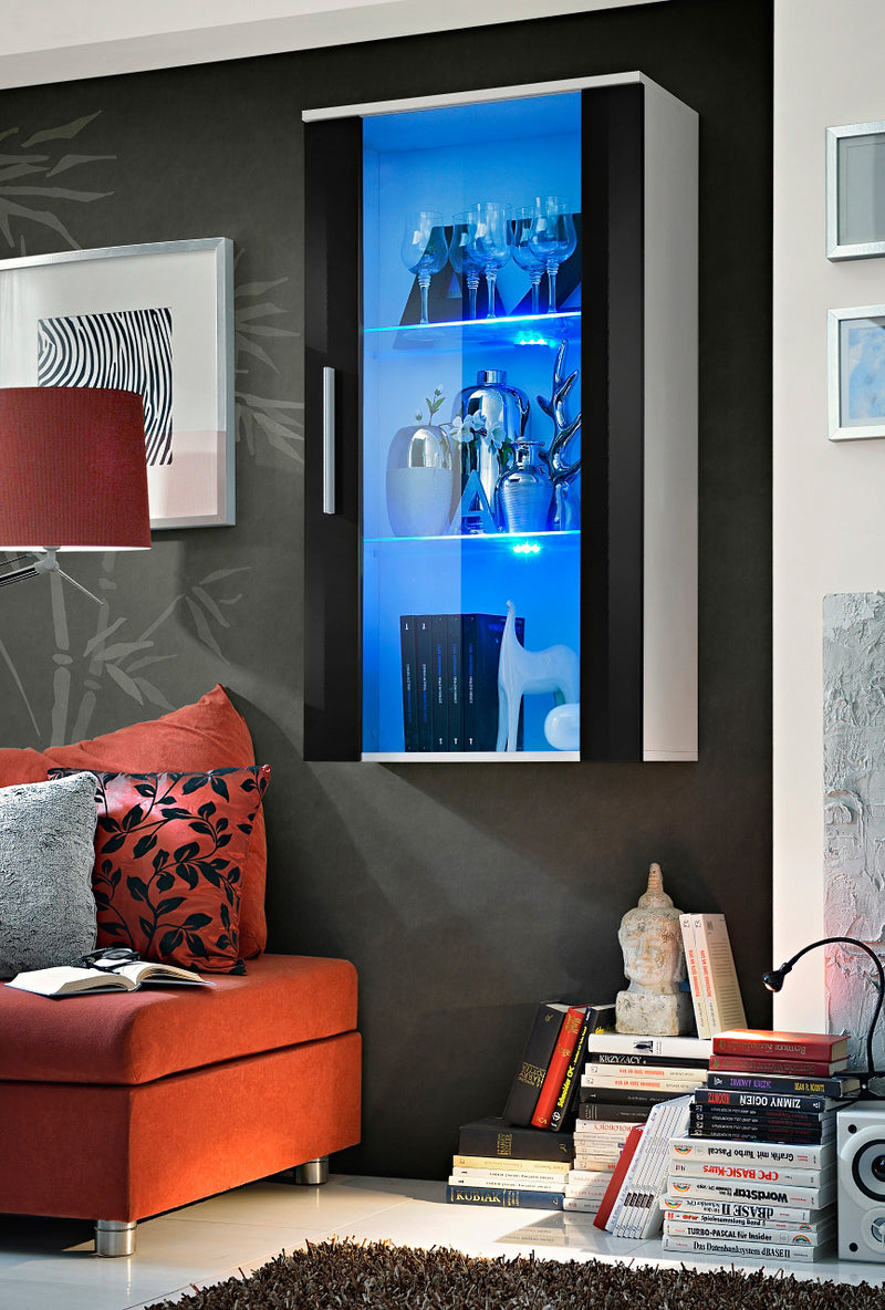 Pensile vetrina moderna con ripiani in vetro e luci a led cm 60x29x110h - vari colori