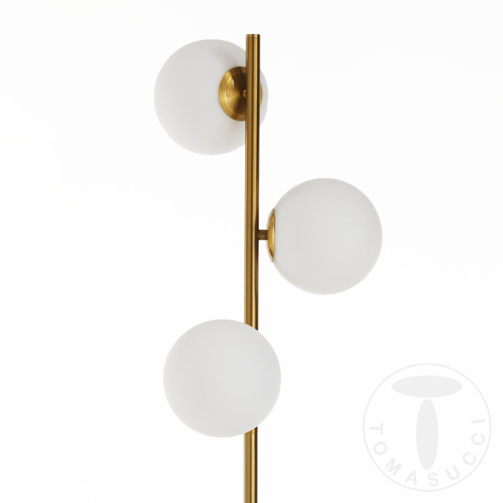Piantana moderna in metallo colore ottone 3 sfere in vetro bianco cm Ø 30x160h