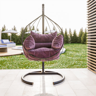 Poltrona sospesa dondolo relax design in metallo con cuscini viola cm 100x179x120h - vari colori