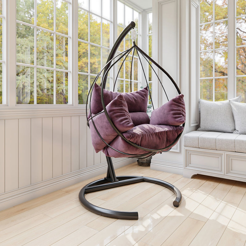 Poltrona sospesa dondolo relax design in metallo con cuscini viola cm 100x179x120h - vari colori