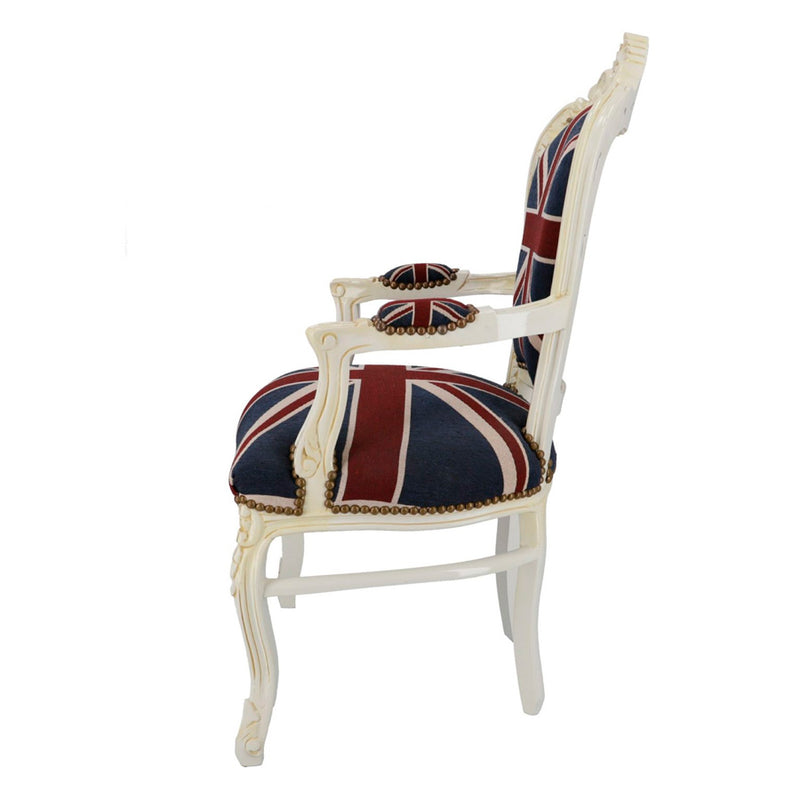 poltrona barocco in legno colore bianco con bandiera inglese