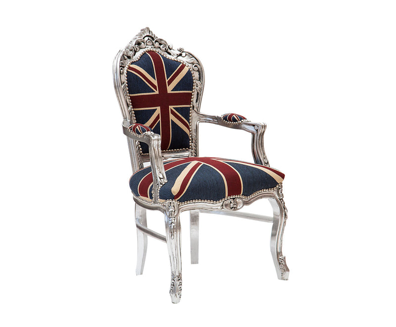 poltrona barocco in legno colore argento con bandiera inglese