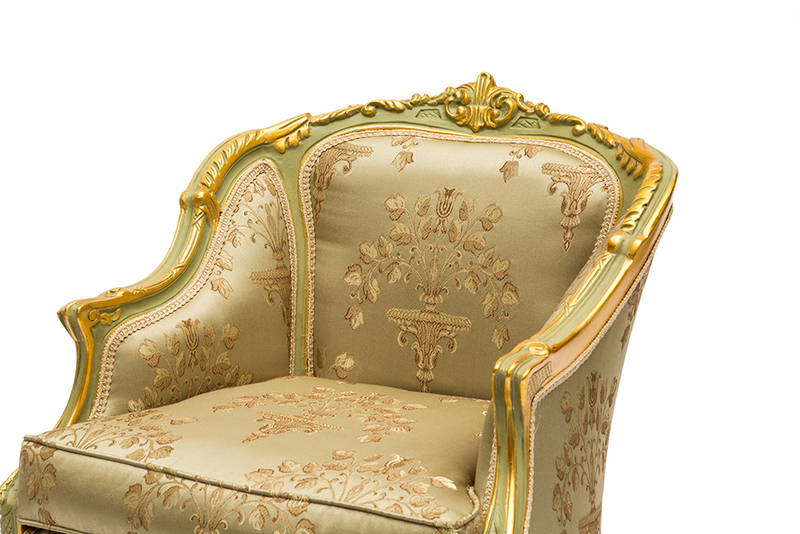 Poltrona divano stile classico in tessuto ricamato a filo colore verde cm 66x66x83h