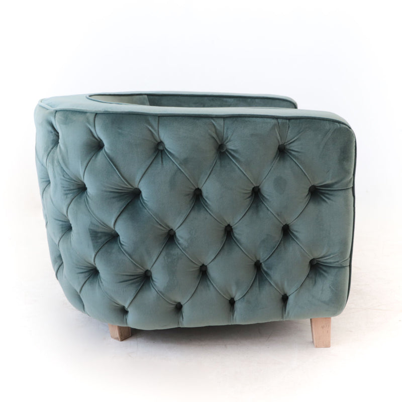 Poltrona classica tonda in legno massello rivestita in velluto colore petrolio cm 80x74x65h