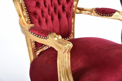 Poltrona stile luigi XVI in legno colore oro e velluto colore rosso cm 63x65x108h