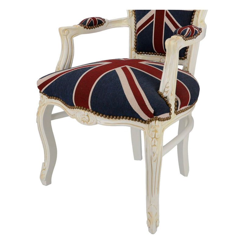 poltrona barocco in legno colore bianco con bandiera inglese