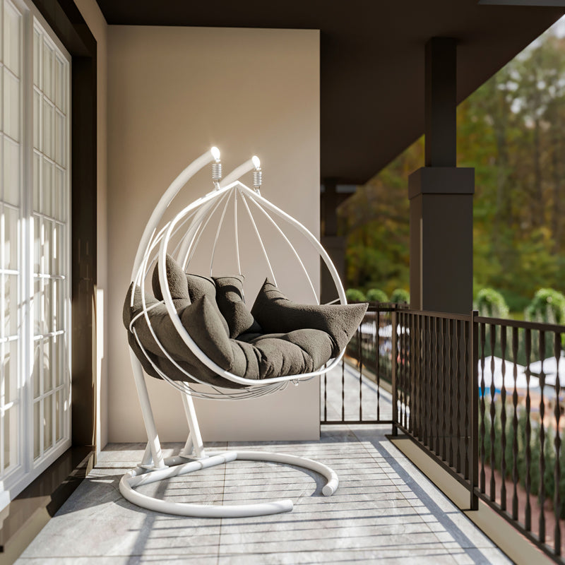 Poltrona doppia seduta da giardino a dondolo sospesa design a goccia con struttura in metallo e cuscini inclusi. Disponibile in vari colori dimensioni cm 150x124x189h