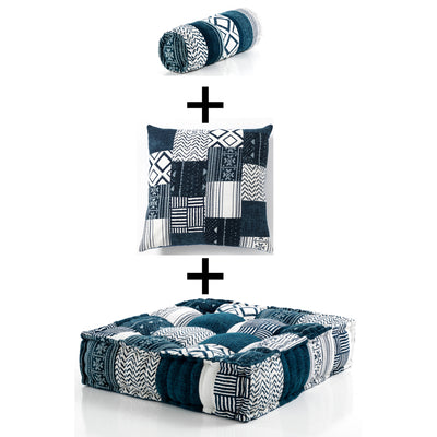 Poltrona con pouf da terra e cuscino in cotone patchwork bianco e blu cm 80x80x20h