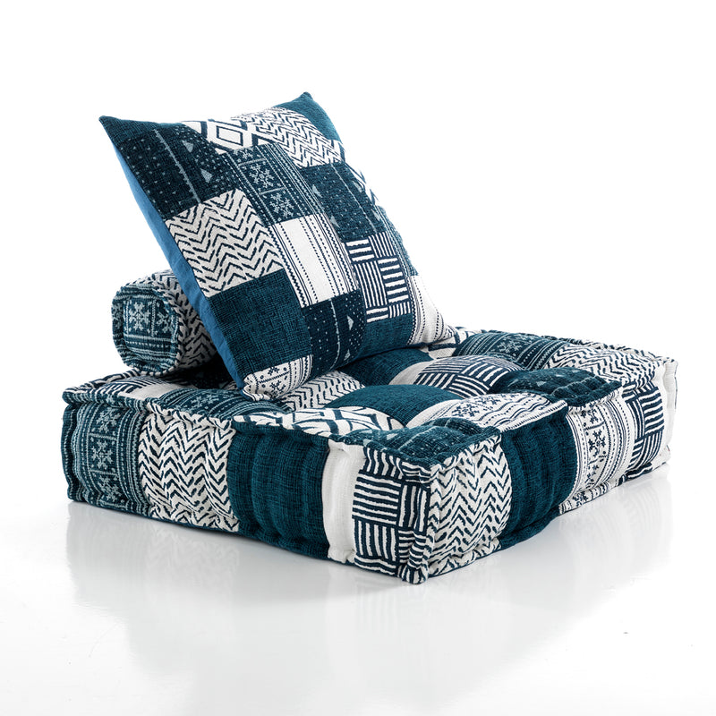 Poltrona con pouf da terra e cuscino in cotone patchwork bianco e blu cm 80x80x20h