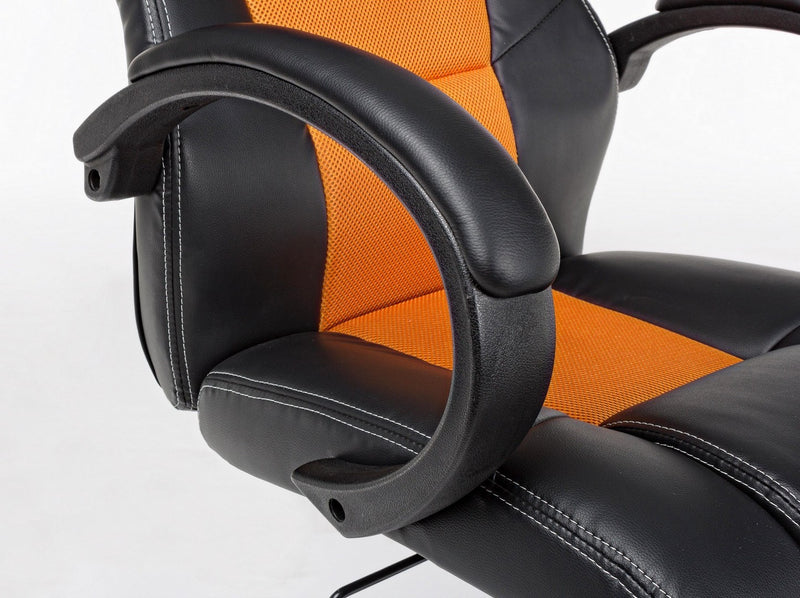 Poltrona da ufficio con braccioli rivestita in similpelle nero e arancio cm 55x66x110/120h