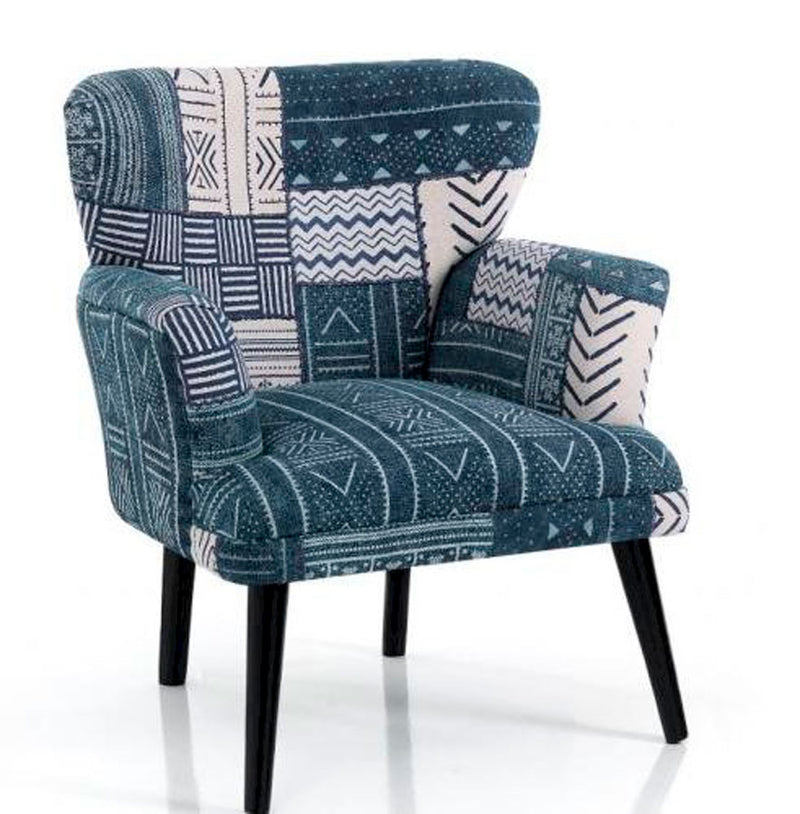 Poltrona in cotone colore blu con gambe in legno cm 75x78x92h