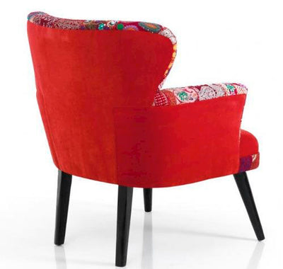 Poltrona in cotone patchwork rosso con gambe in legno cm 75x78x92h