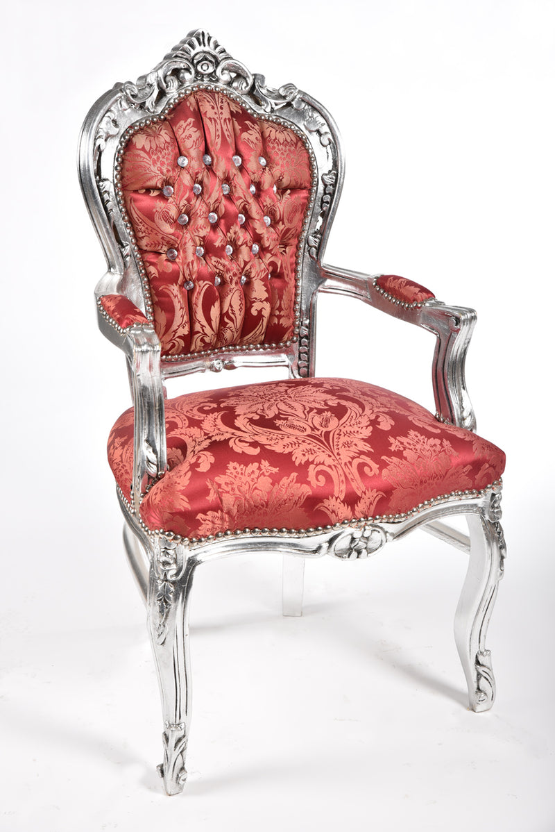 Poltrona stile barocco in legno colore argento e tessuto damascato rosso cm 63x65x108h