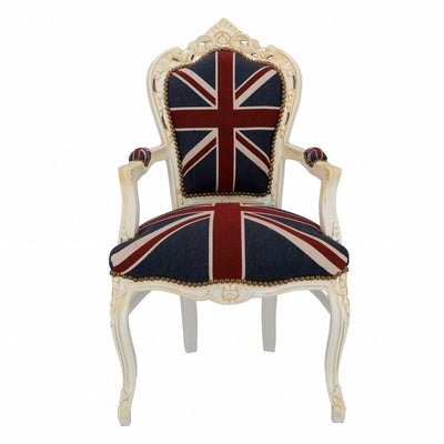 poltrona barocco in legno colore bianco con bandiera inglese