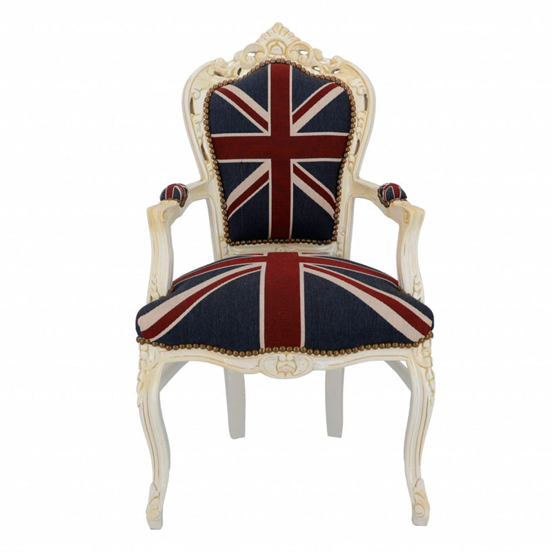 poltrona barocco in legno colore bianco con bandiera inglese