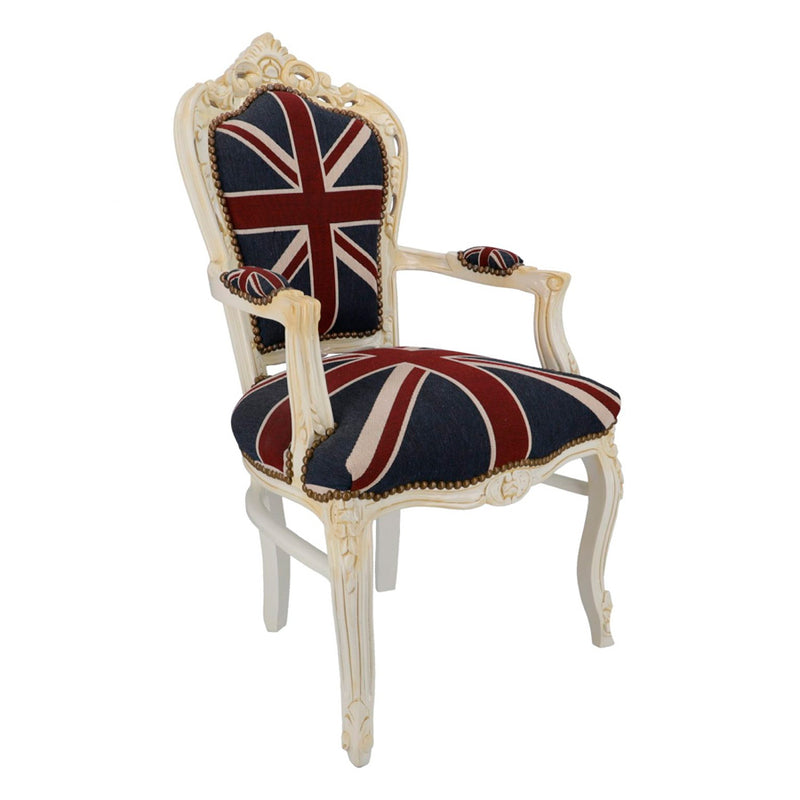 poltrona barocco in legno colore bianco con bandiera inglese