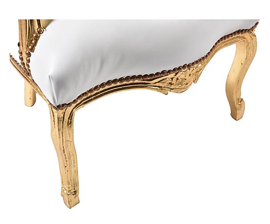 Poltroncina barocco da camera o salotto in legno color oro e rivestimento in ecopelle bianco cm 63x65x94h