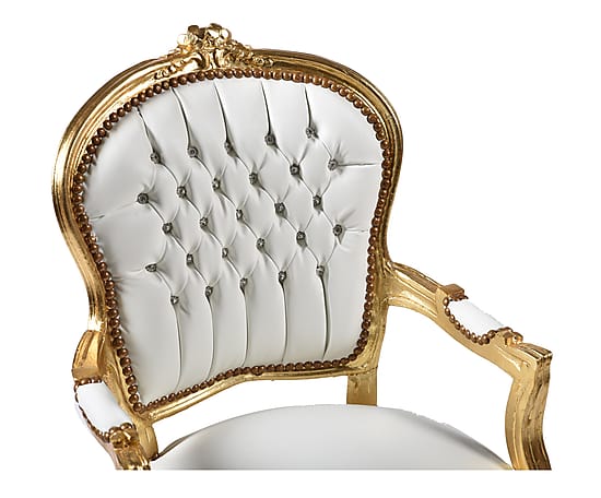 Poltroncina barocco da camera o salotto in legno color oro e rivestimento in ecopelle bianco cm 63x65x94h